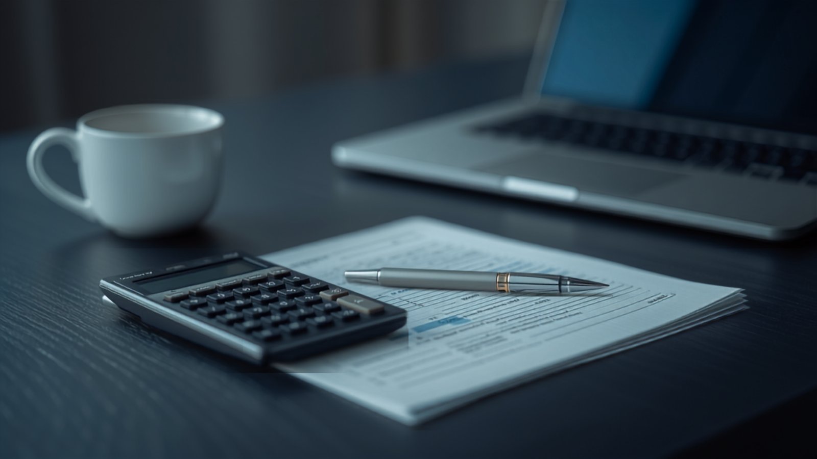 Mesa de despacho de asesoría fiscal con documentos contables, calculadora y bolígrafo para revisar las deducciones del Impuesto de Sociedades de una pyme