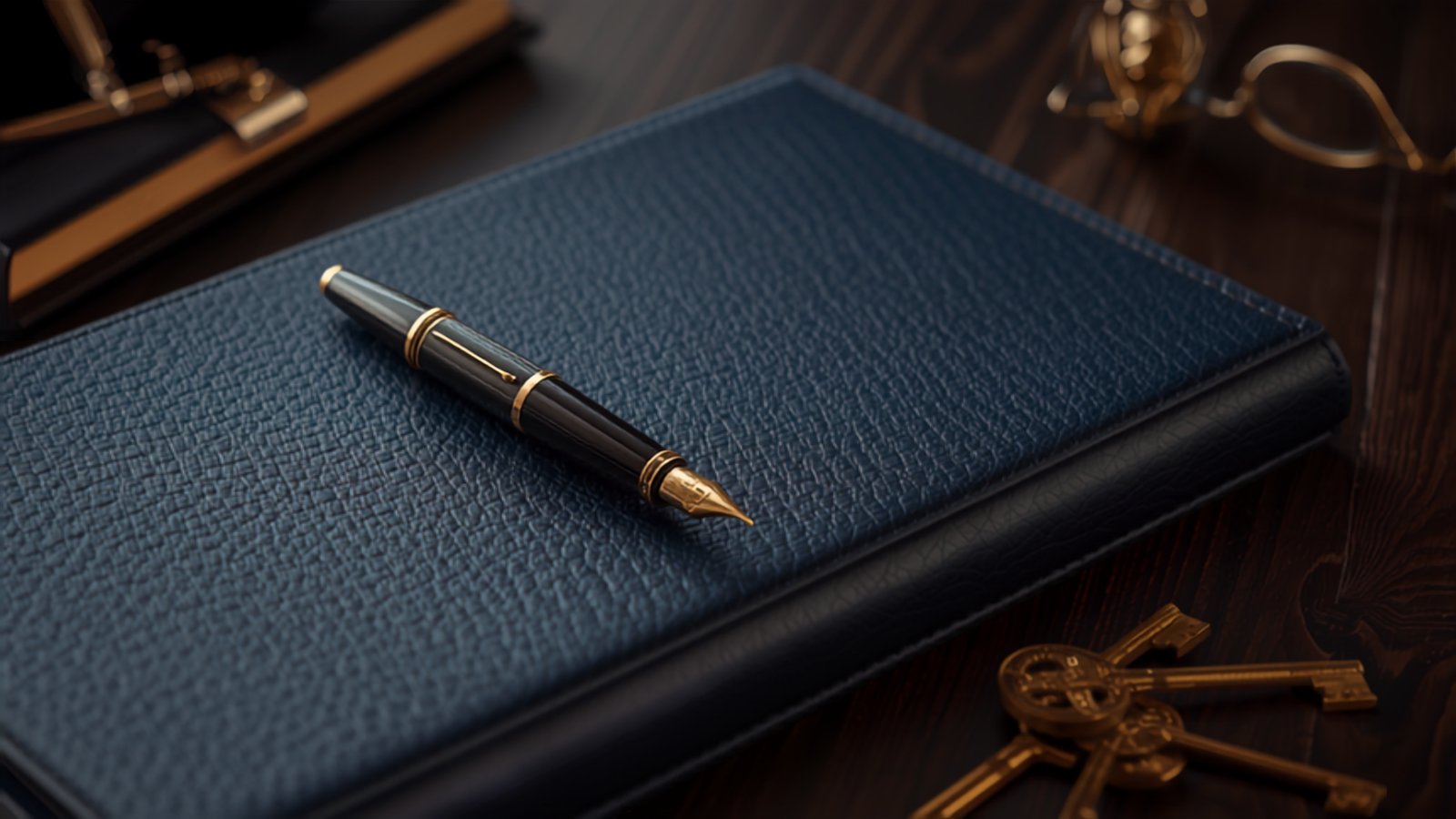 Escritorio de despacho de abogados en Alicante con carpeta de documentos de herencia, pluma y llaves de vivienda