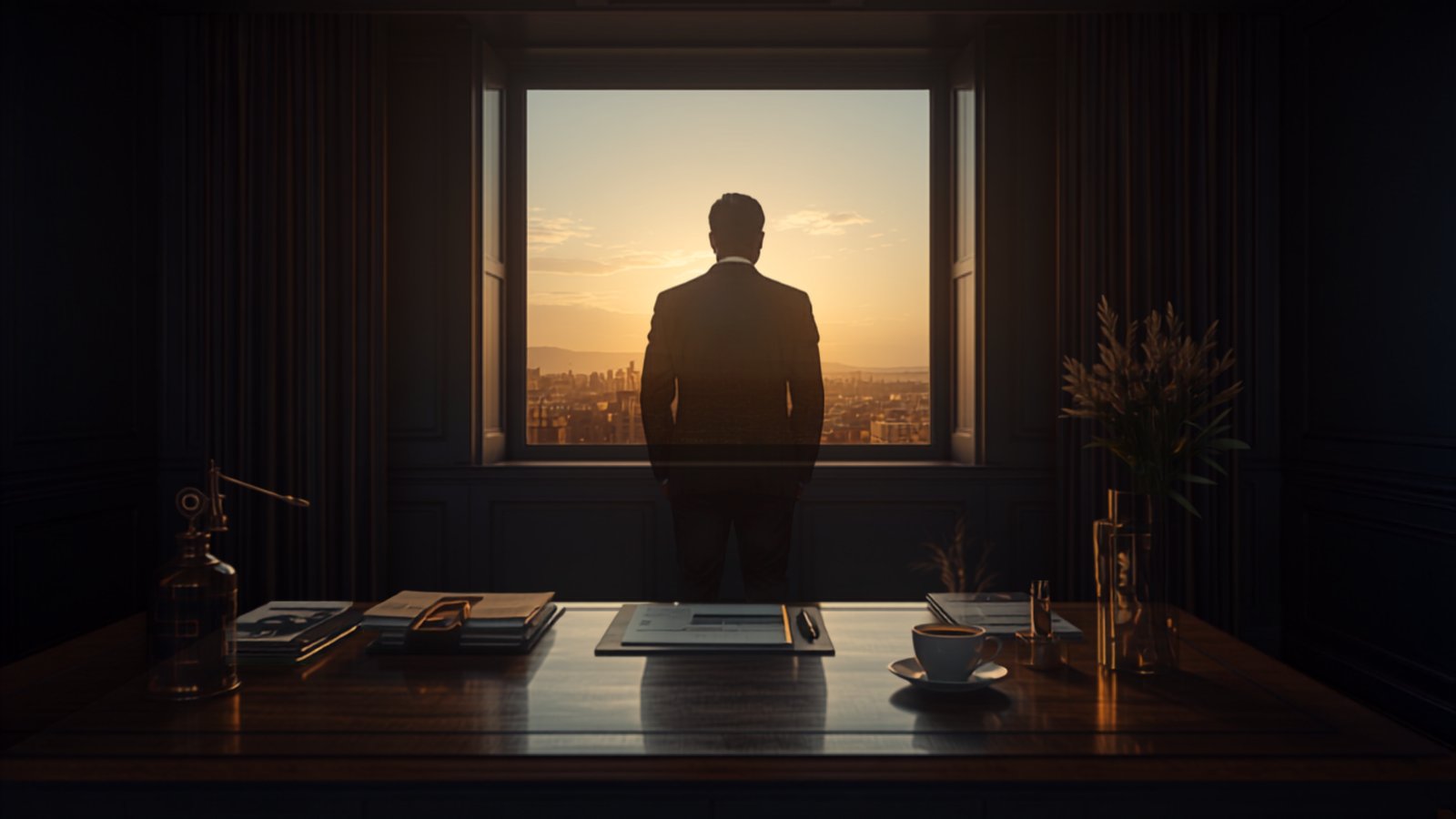 Empresario mirando el amanecer desde su despacho, símbolo de un nuevo comienzo tras cancelar sus deudas con la Ley de Segunda Oportunidad