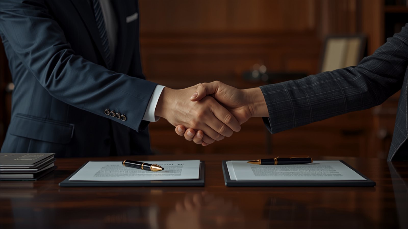 Dos socios se dan la mano tras firmar un pacto de socios en un despacho de abogados en Alicante