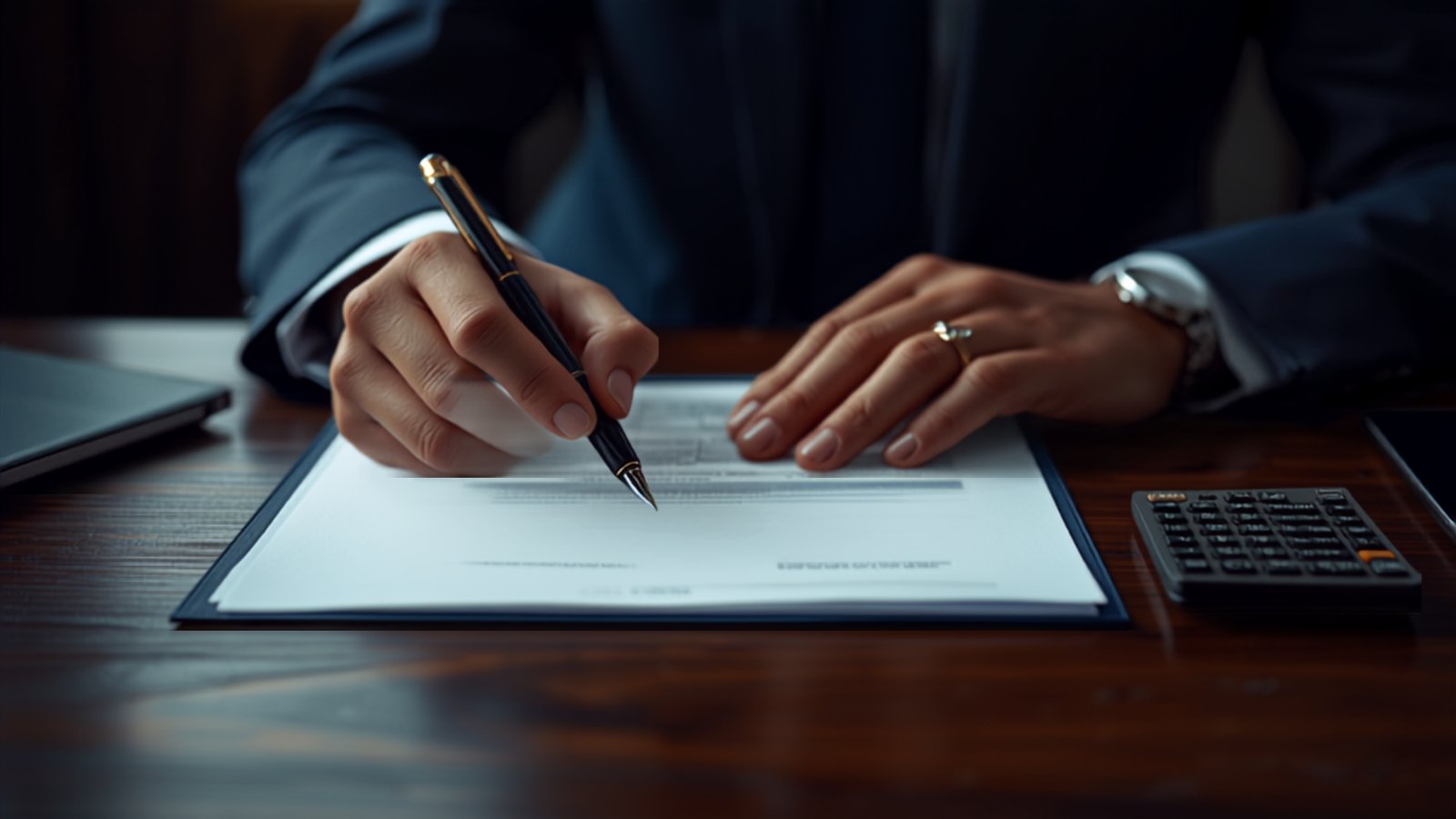 Socio administrador de una sociedad limitada firmando documentos contables en un despacho de asesoría fiscal en Alicante