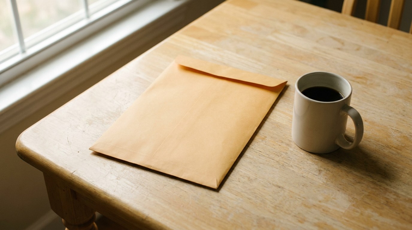 Sobre de correo administrativo cerrado sobre una mesa de cocina junto a una taza, imagen sobre la regularización de cuotas de autónomos