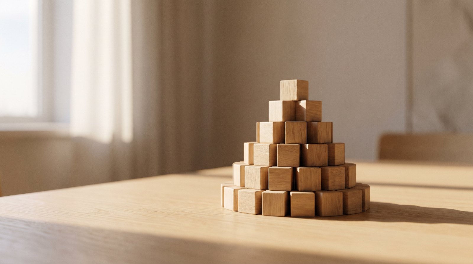 Bloques de madera apilados formando una base cada vez más ancha sobre una mesa, imagen que ilustra las aportaciones de socios y la ampliación de capital en una sociedad limitada